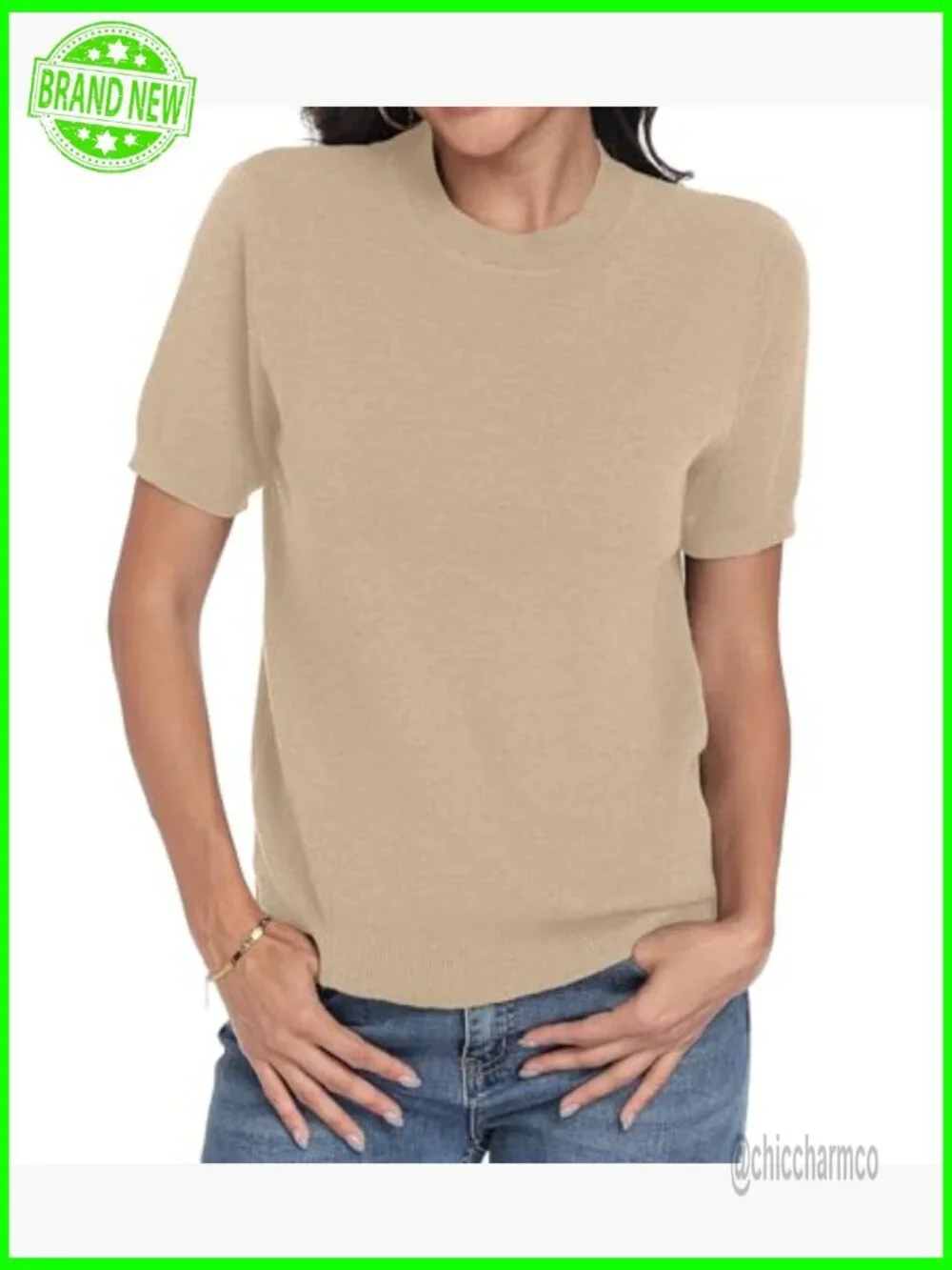 Lightweight Wool Blend Short Sleeve Crew Neck Knit Pullover Sweater